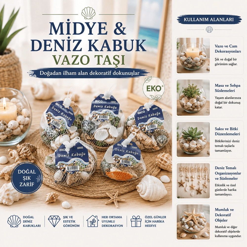 15 Adet Fileli Renkli Mix Eko Midye - Deniz Kabuk Vazo Taşı Bx40