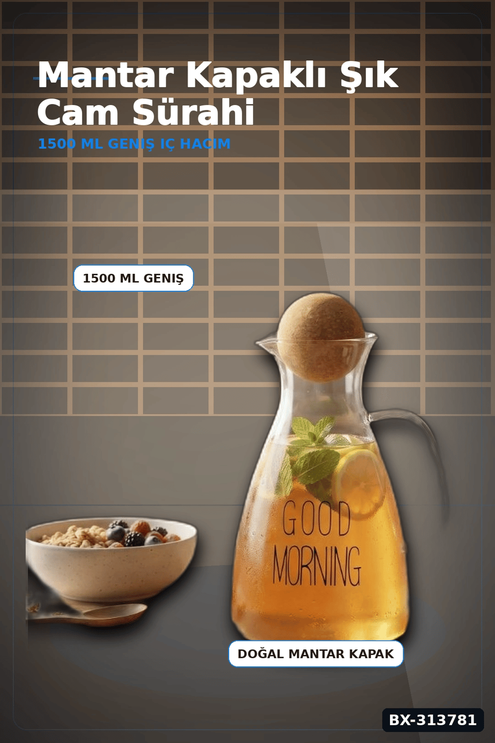 1500 Ml Yuvarlak Mantar Kapaklı Cam Sürahi - Good Morning Yazılı - Bulaşık Makinesi Uyumlu BX-313781