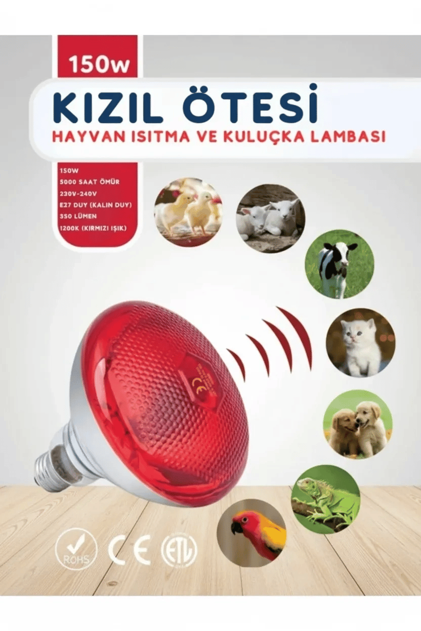 150W Kızılötesi (infrared) Isıtıcılı Hayvan Isıtma ve Kuluçka Lambası (Kırmızı Işık) E27 (Kalın Duy)