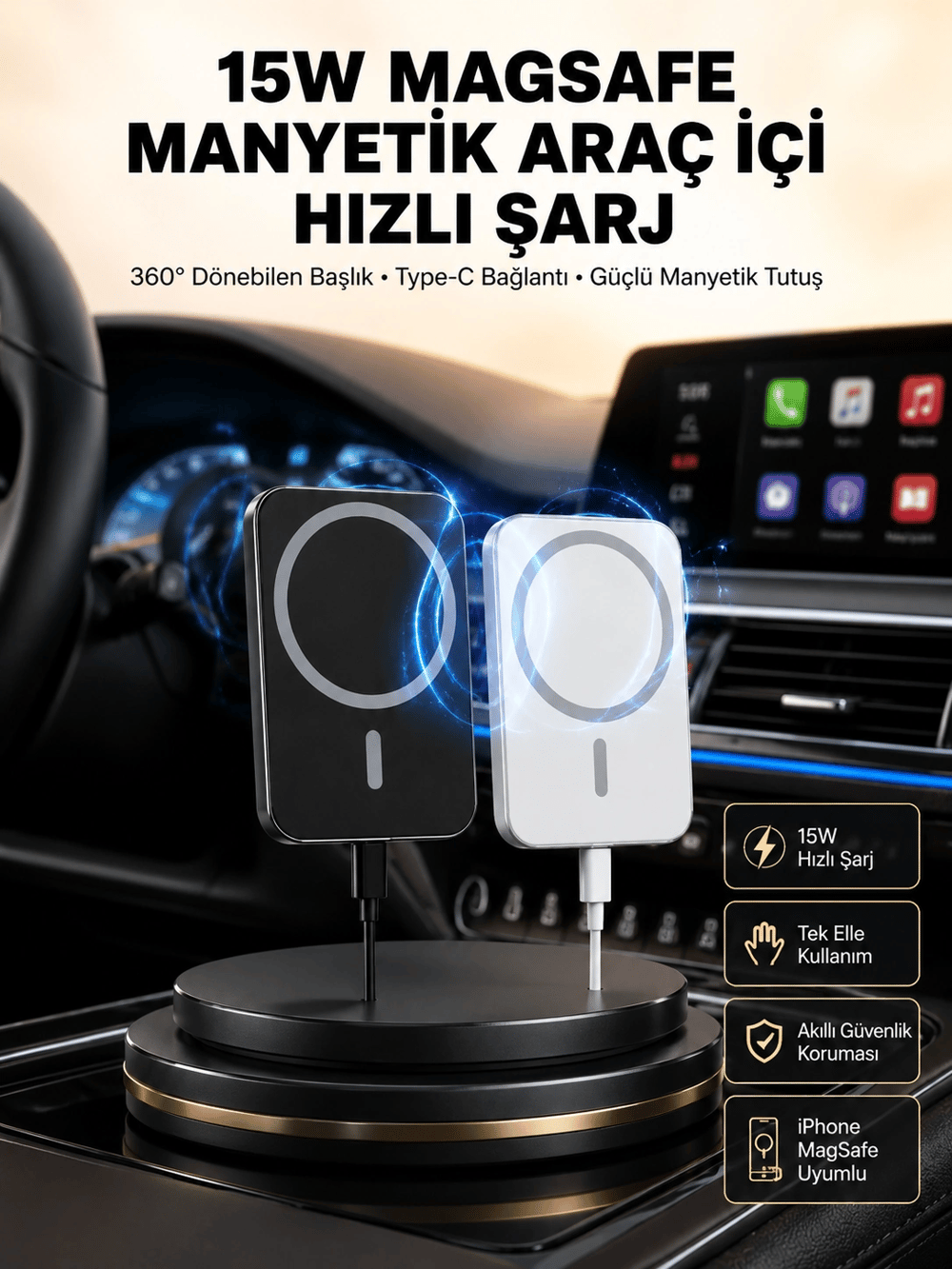 15W Kablosuz Şarj Destekli MagSafe Araç Tutucu Havalandırma Klipsli