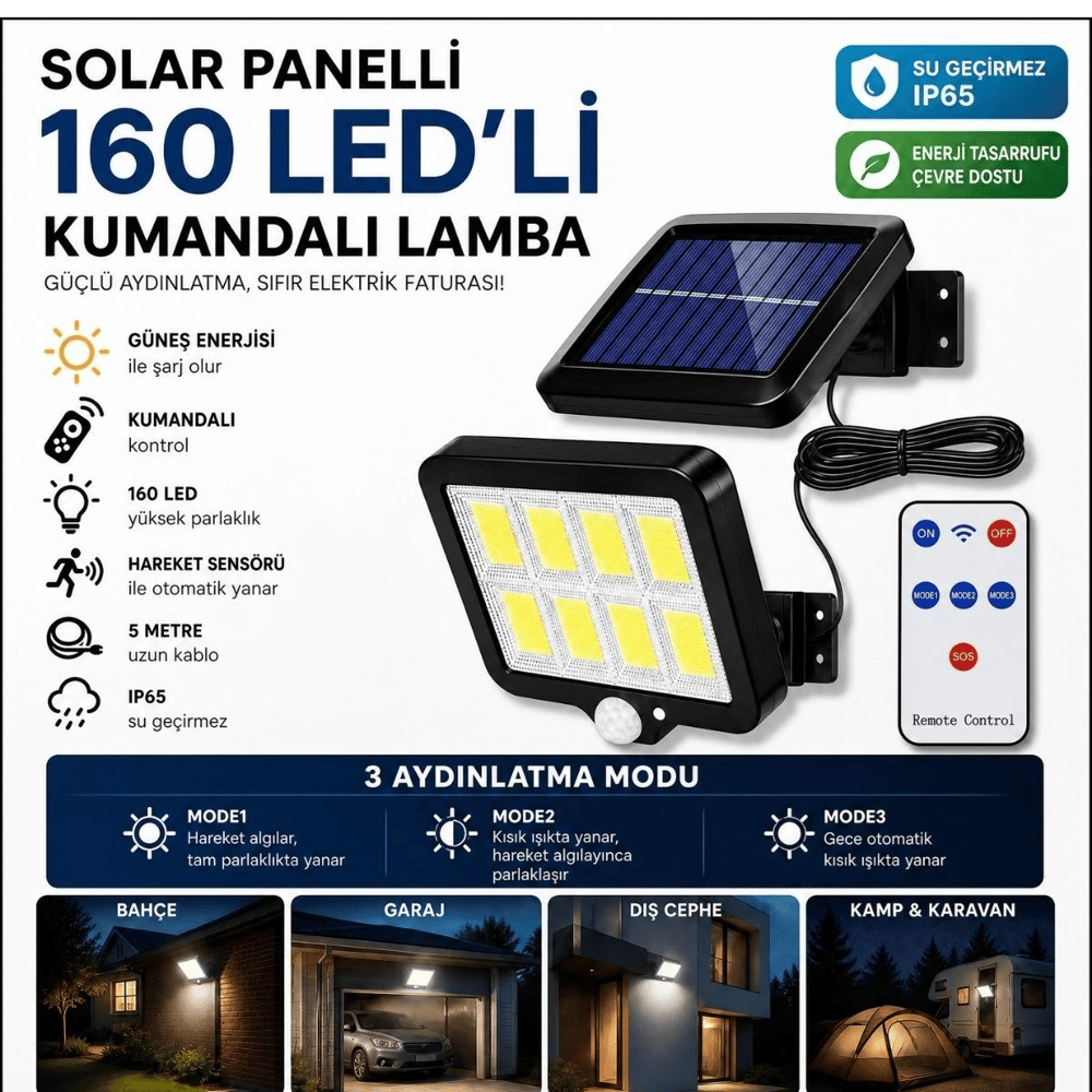 160 Led Solar Bahçe Aydınlatması, 6'lı Güneş Panelli Led Lamba, 5 Metre Kablolu Ve Kumandalı Bx40