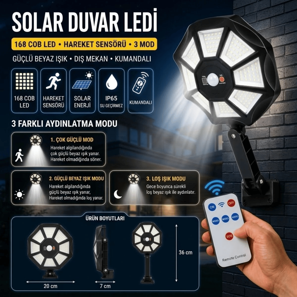 168b Solar Led Büyük Dış Mekân Lambası, Hareket Sensörlü, Kumandalı, 3 Modlu Ultra Parlak Cob Işık, Su Geçirmez Kablosuz Duvar Apliği Bx40