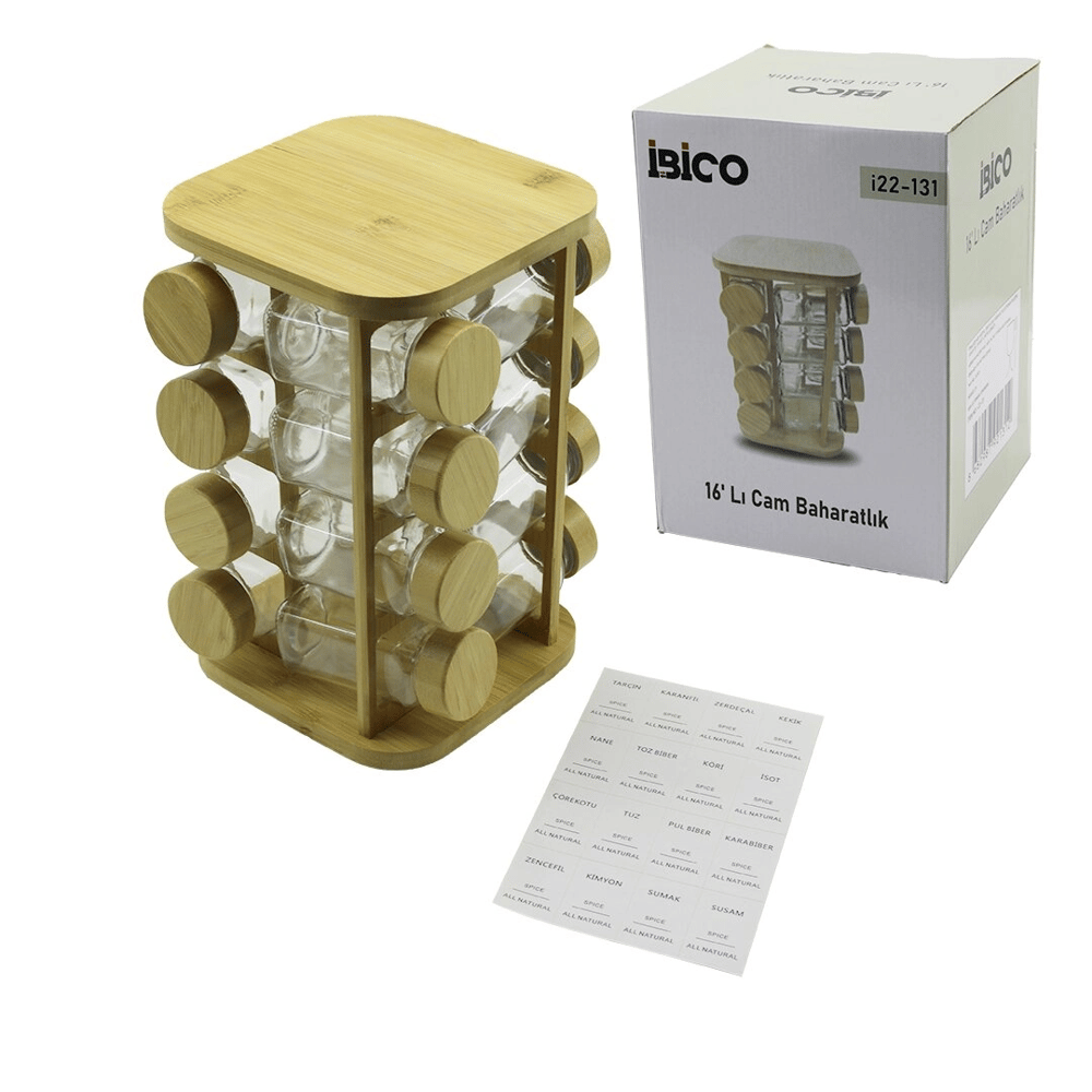 16pcs Kare - Döner Standlı Cam - Bambu Kapak Tuzluk - Baharatlık Bambu Stand Bx40