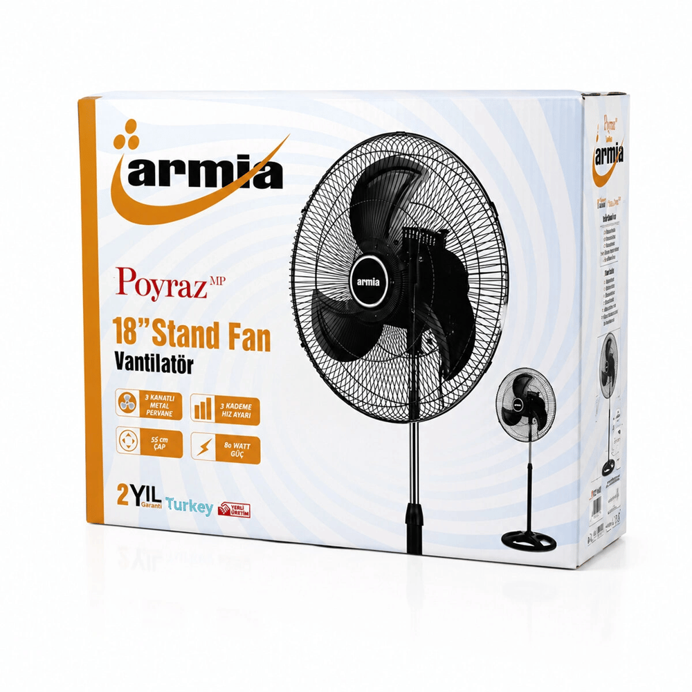 18 İnç Sanayi Vantilatör  3 Metal Kanat: Çap:56cm - Y: 140cm - 3 Kademe Hız   80w Bx40