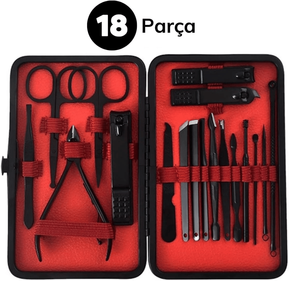 18 Parça Manikür Pedikür Set Kutusu Çelik Deri Çantalı Bakım Seti Bx40