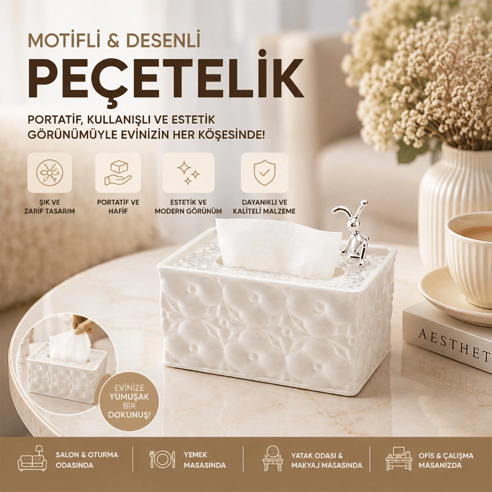 18.4x12.5x9cm Beyaz Yaylı Masaüstü Dekoratif Dikdörtgen Peçetelik Bx40
