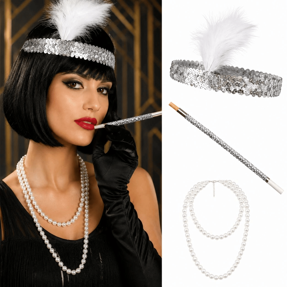 192039ler Gatsby Gümüş Parti Seti - Çarliston Saç Bandı, İnci Kolye Ve  Tutacağı