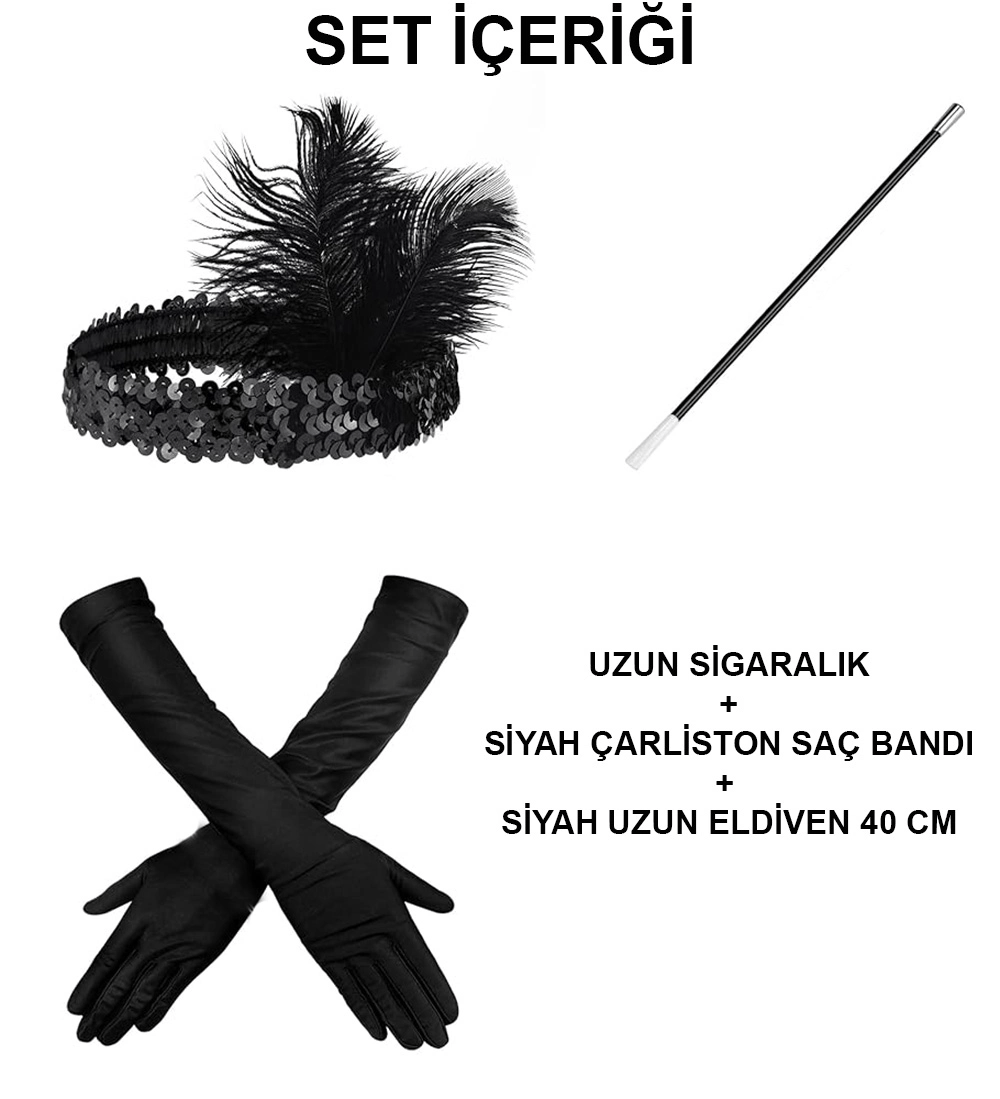 1920'ler Gatsby Aksesuar Seti – Siyah Charleston Saç Bandı, Uzun Eldiven &amp; Sigaralık Bx40