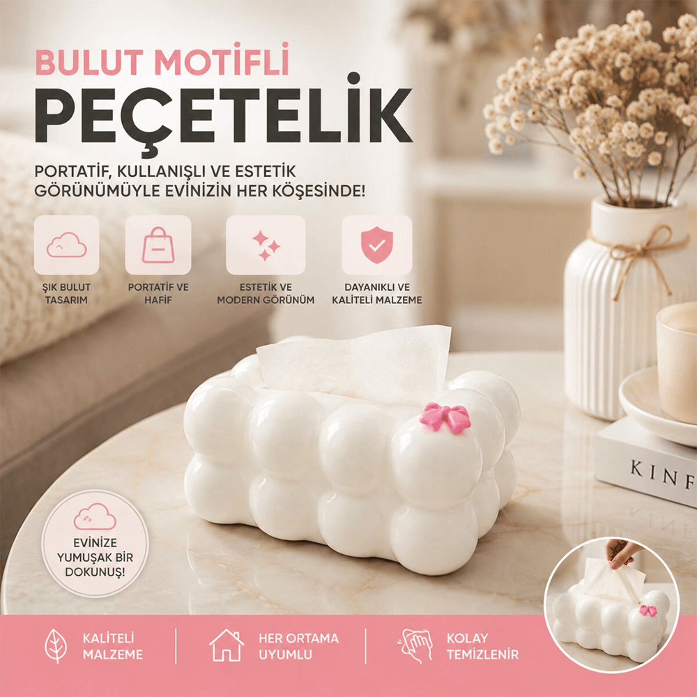 19x12.5x8.5cm Beyaz Yaylı Masaüstü Bubble Dekoratif Bulut Peçetelik Bx40