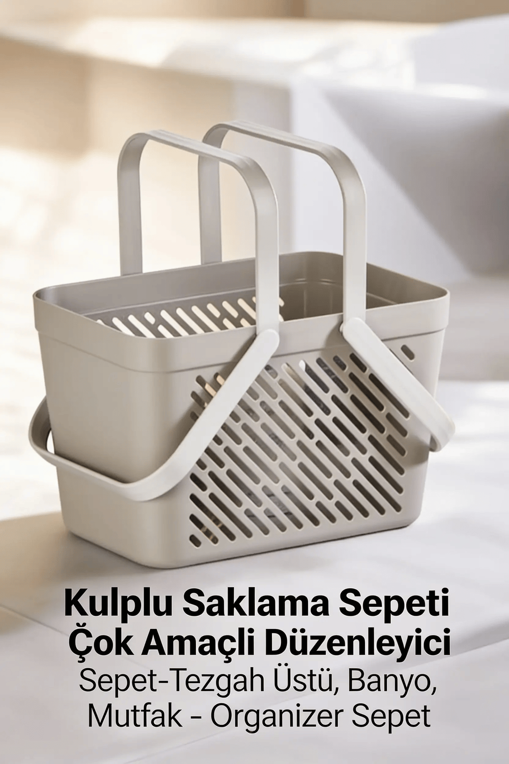 1li Gri Çok Amaçlı Kulplu Sepet Mutfak Banyo Organizer Taşıma Sepeti