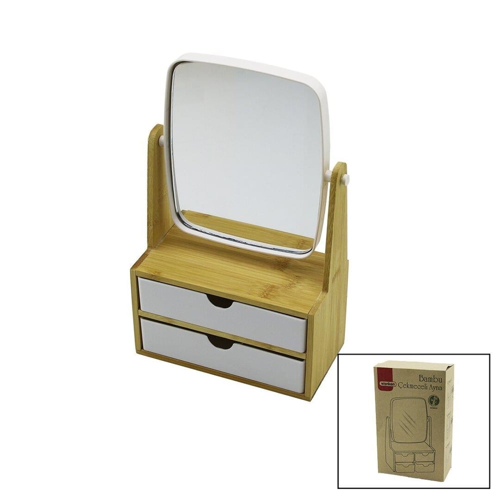 2 ÇEKMECELİ BAMBU AHŞAP STANDLI=9X9.9X17.8X21.5CM MAKYAJ AYNASI=15X18CM TAKILIK 1+1 ORGANİZER (3936)
