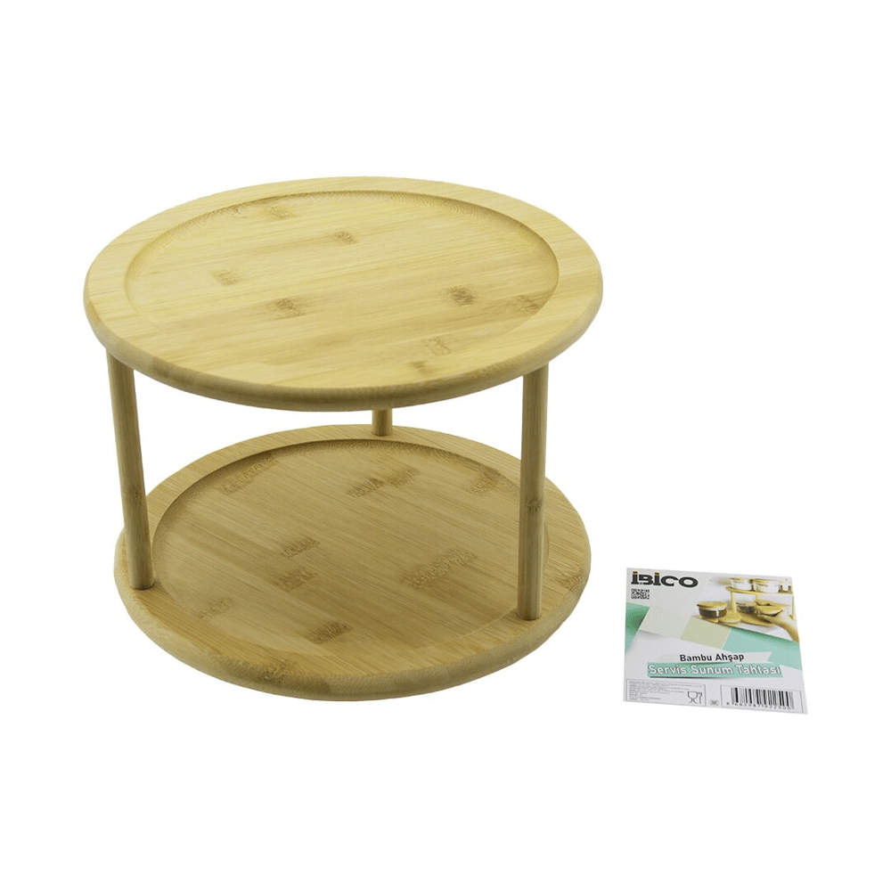 2 Katlı Yuvarlak=24.5cm Döner Tablalı Ahşap Bambu Sunum Tepsisi - Mini Sofra Bx40