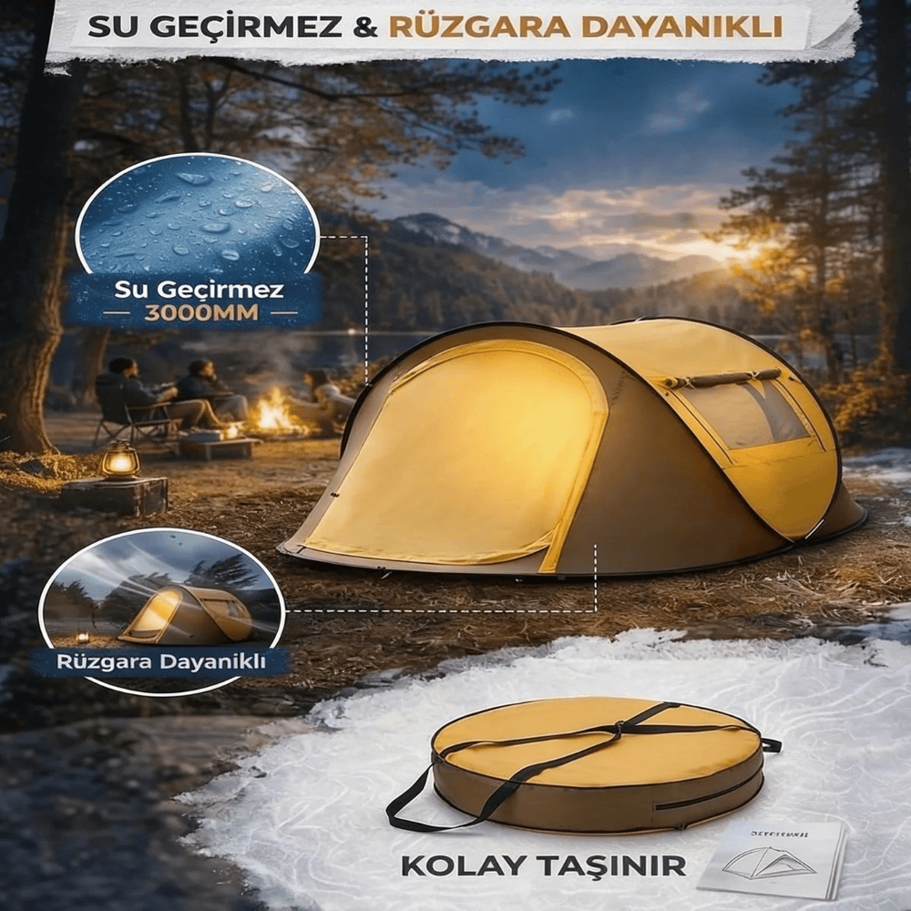 2 Kişilik Vagon Tipi Yarı Otomatik Kamp Çadırı – Çift Kapılı, Çift Pencereli, Hafif Taşınabilir Outdoor Doğa Çadırı 220x120x90 Cm Bx40