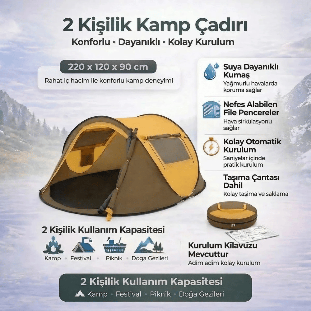 2 Kişilik Vagon Tipi Yarı Otomatik Kamp Çadırı – Çift Kapılı, Çift Pencereli, Hafif Taşınabilir Outdoor Doğa Çadırı 220x120x90 Cm Bx40