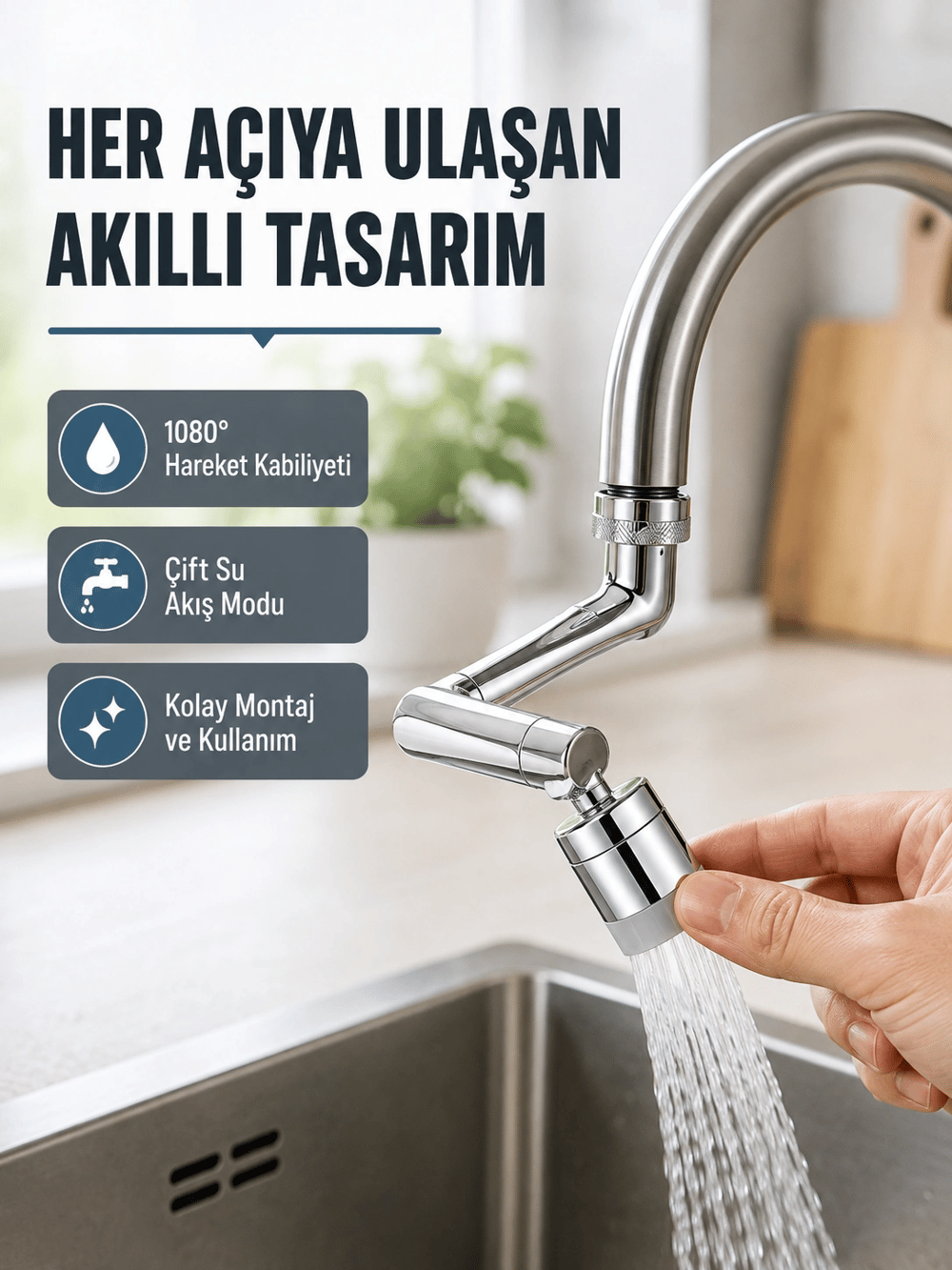 2 Modlu 1080° Dönebilen Musluk Başlığı Esnek 3 Eklemli Hareketli Tasarım