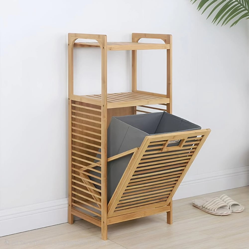 2 Organizer Raflı - Çek Aç Sepet Ahşap Bambu Kirli Çamaşır Sepet 40x35x95cm Bx40