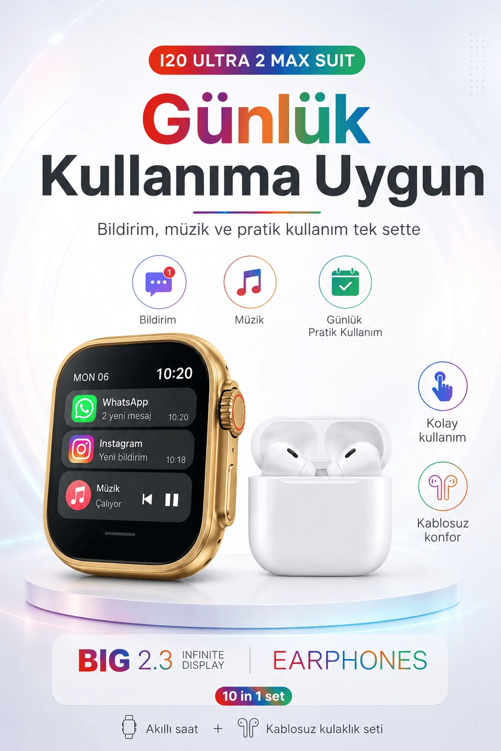 2.3 İnç Geniş Ekranlı Akıllı Saat Ve Kablosuz Kulaklık 10 Parça Aksesuar Seti