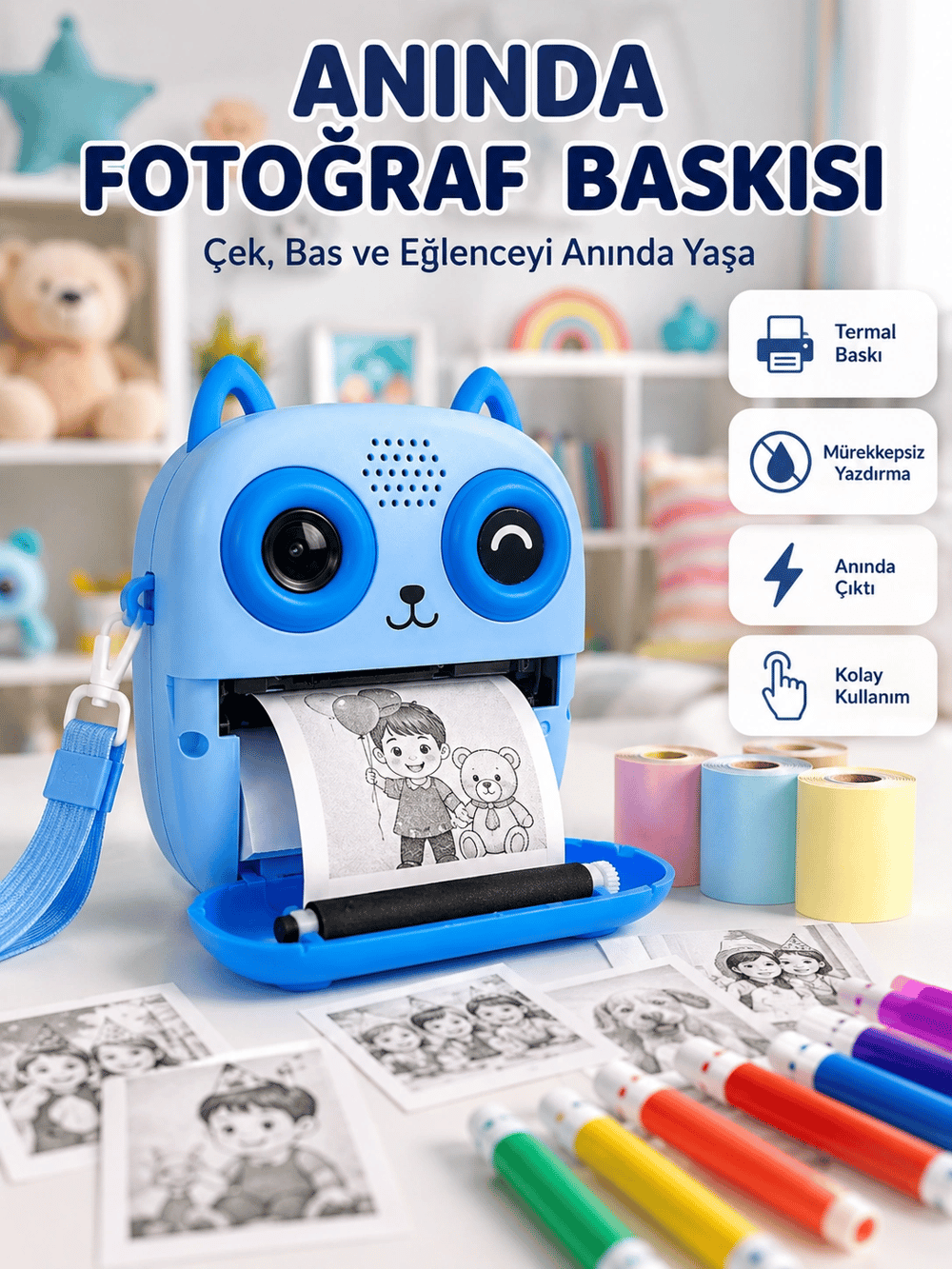 2.4 IPS Ekranlı Çocuk Fotoğraf Makinesi HD Çekim ve Anında Baskı Keyfi