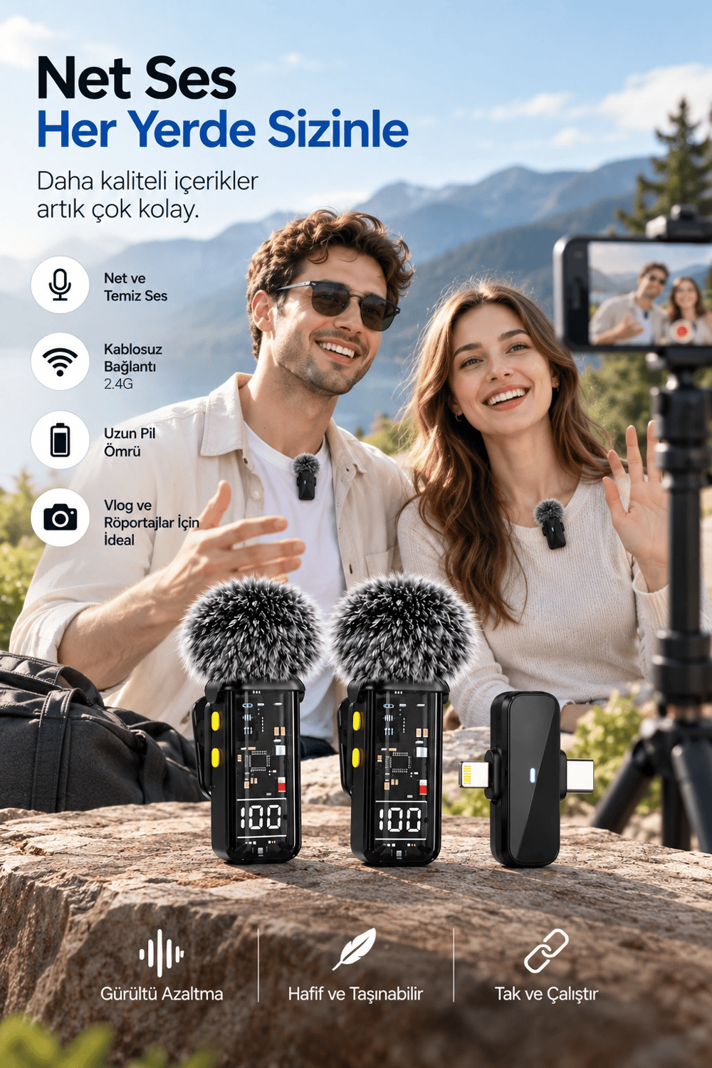 2.4G Kablosuz Çift Mikrofonlu Yaka Mikrofonu İçerik Üretim Seti