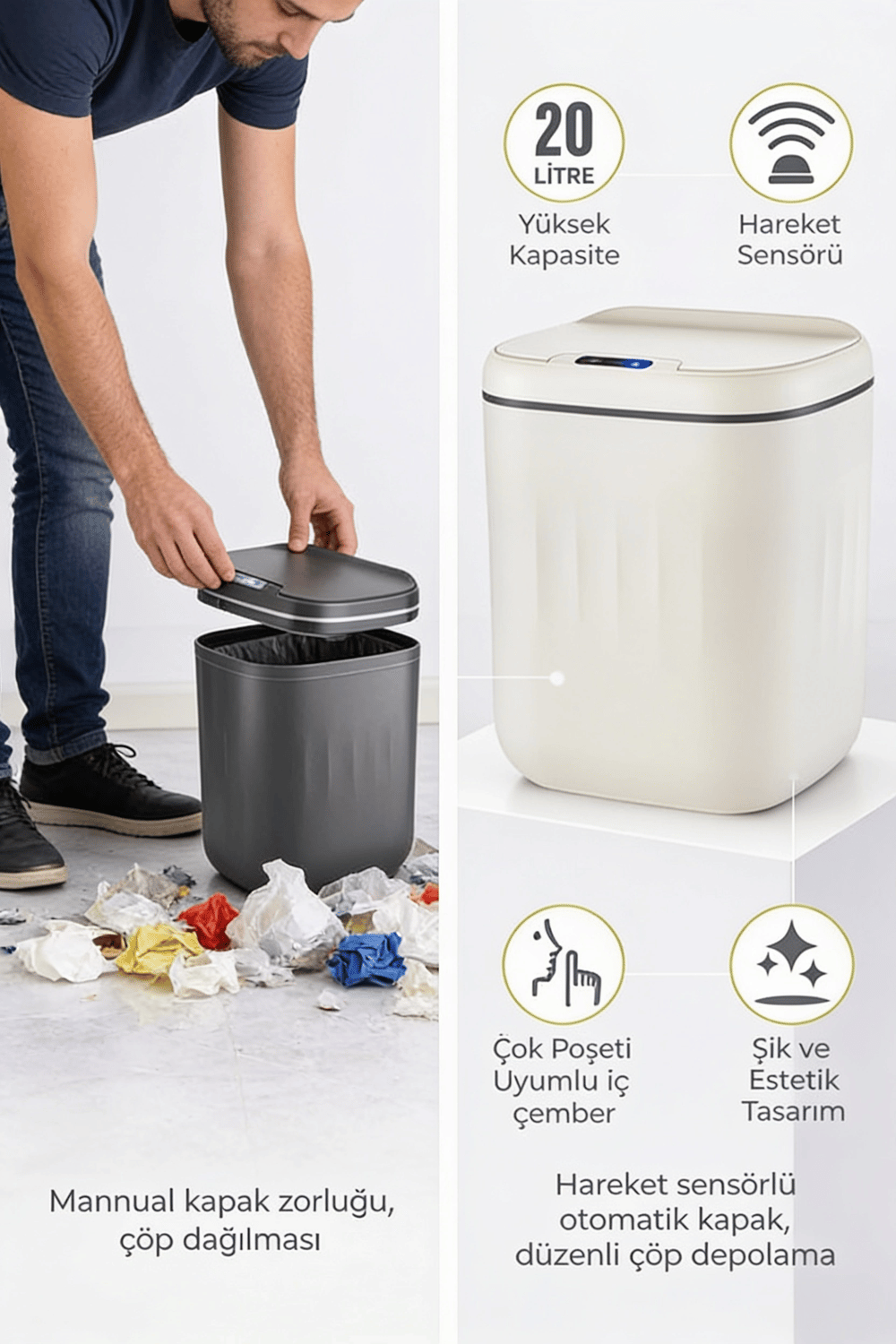 20 Litre Hareket Sensörlü Akıllı Çöp Kovası Beyaz