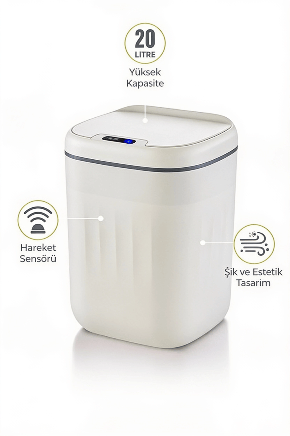 20 Litre Hareket Sensörlü Akıllı Çöp Kovası Beyaz