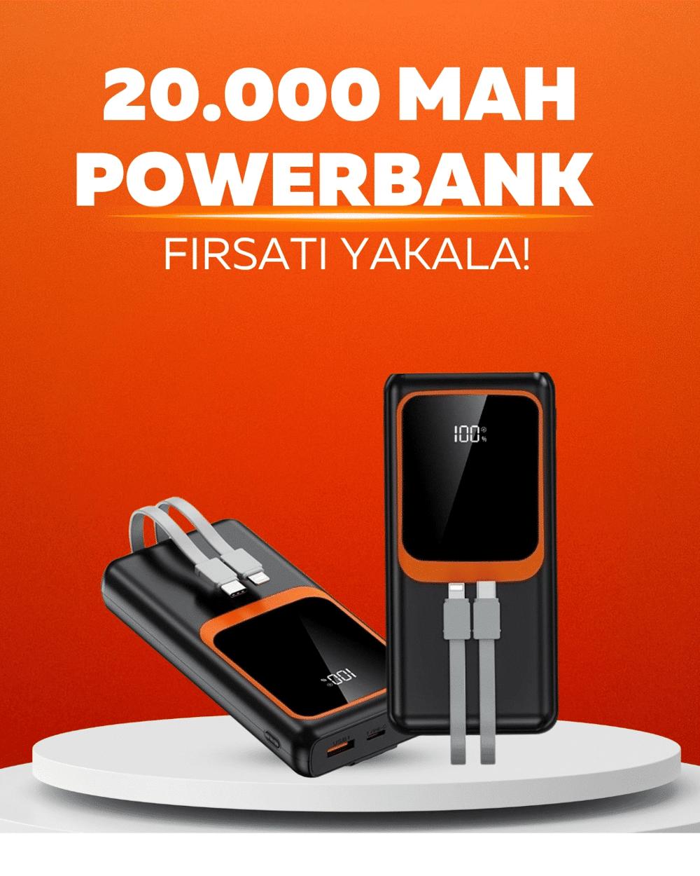 20.000 mAh Powerbank – 22.5W Hızlı Şarj, Çok Kablolu, Dijital Göstergeli