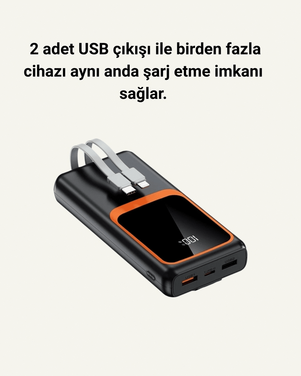 20.000 mAh Taşınabilir Şarj Cihazı Dijital Göstergeli Kablolu Powerbank