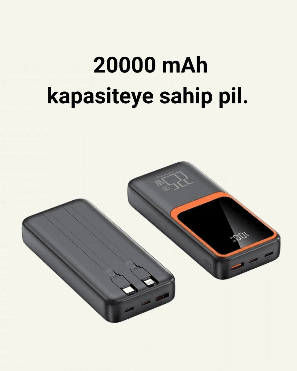 20.000 mAh Taşınabilir Şarj Cihazı Dijital Göstergeli Kablolu Powerbank
