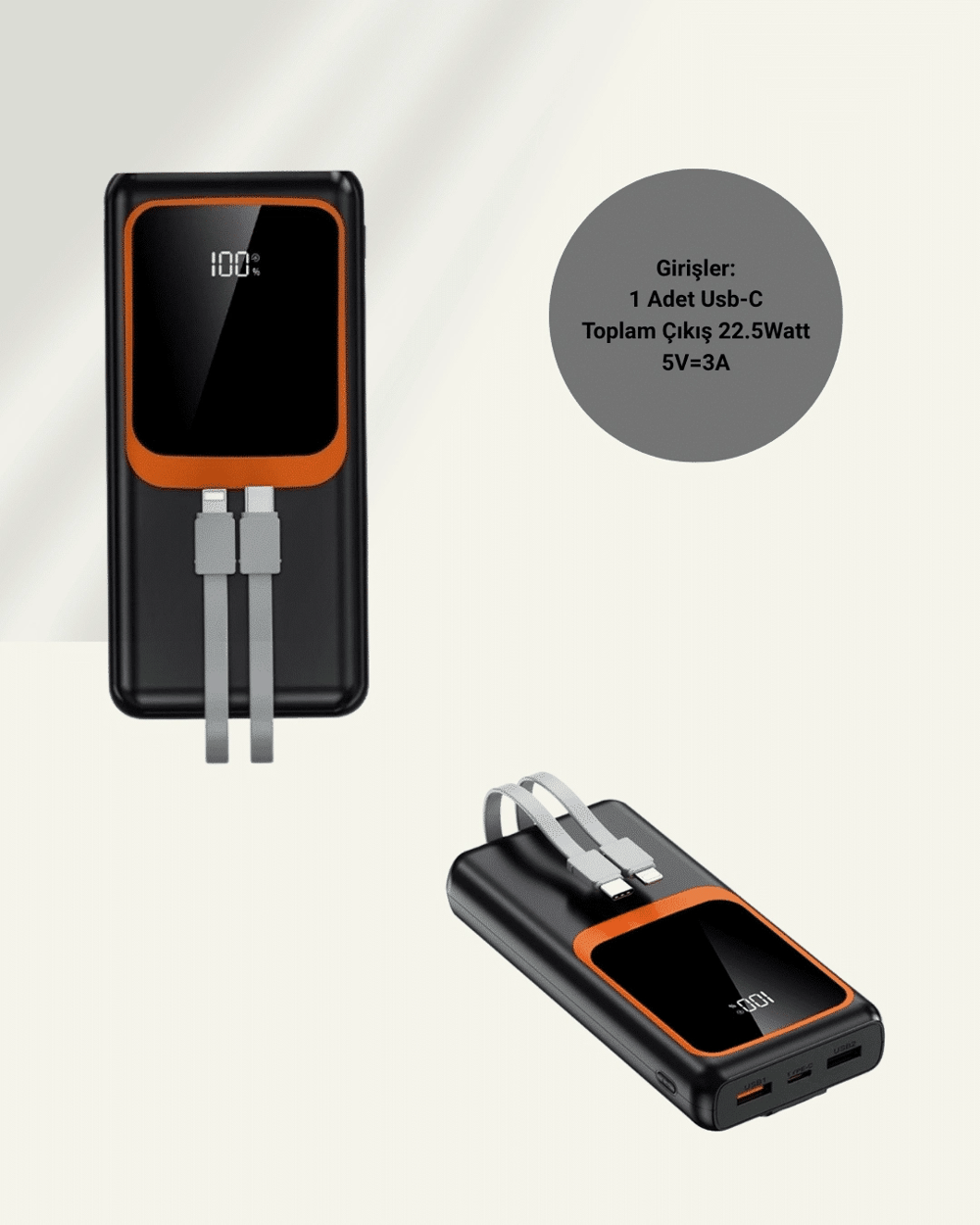 20.000 mAh Taşınabilir Şarj Cihazı Dijital Göstergeli Kablolu Powerbank