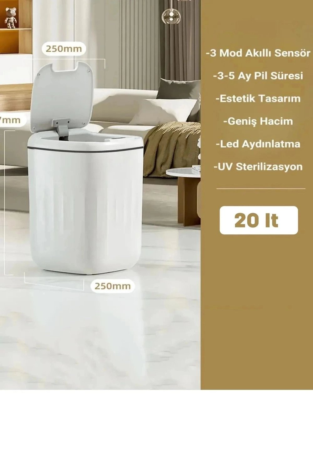 20L Büyük Boy Akıllı Çöp Kovası Sensörlü Antibakteriyel UV Işıklı Ev Mutfak Ofis