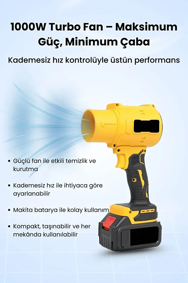 21v Kablosuz Hava Üfleyici | 32.000rpm Turbo Fan, 12.000mah Batarya, Bahçe & Araç Kurutma / Sarı Bx40