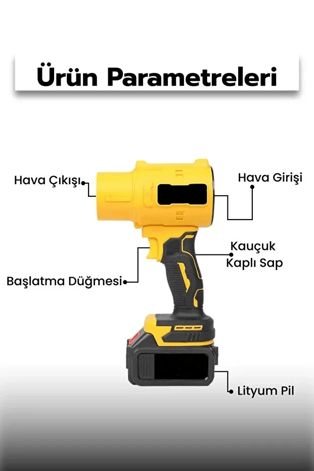 21v Kablosuz Hava Üfleyici | 32.000rpm Turbo Fan, 12.000mah Batarya, Bahçe & Araç Kurutma / Sarı Bx40
