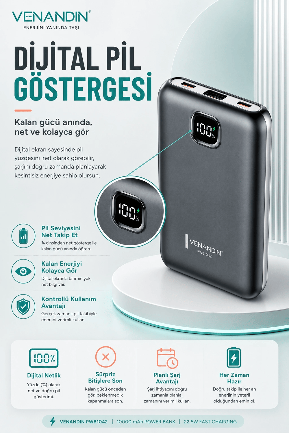 22.5W Hızlı Şarj Özellikli 10000 mAh Kapasiteli Kompakt Powerbank