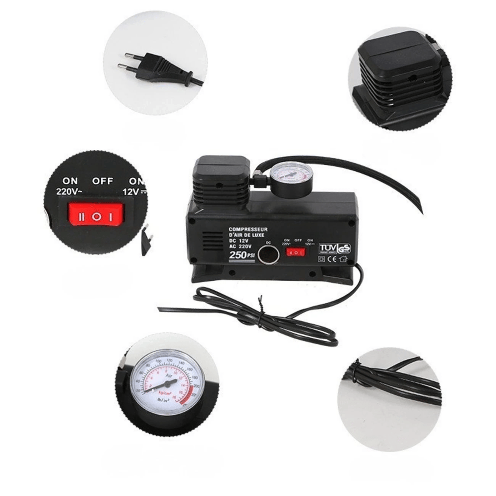 220 Volt-12 Volt 250 Psi Psi Kompresör Lastik Hava Şişirme Oto Pompası Fişli Çakmaklıklı