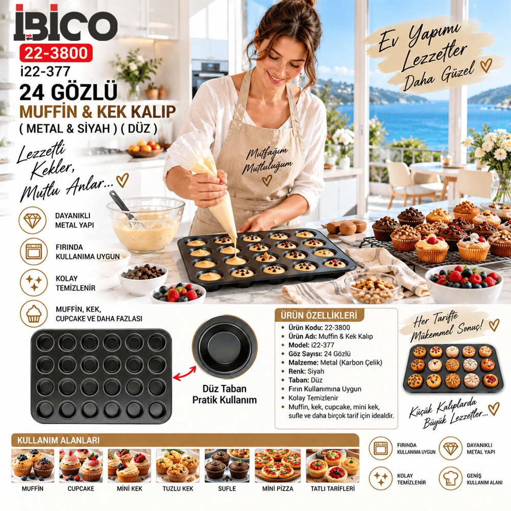 24 Gözlü Metal - Siyah Düz Muffin - Kek Kalıp Bx40