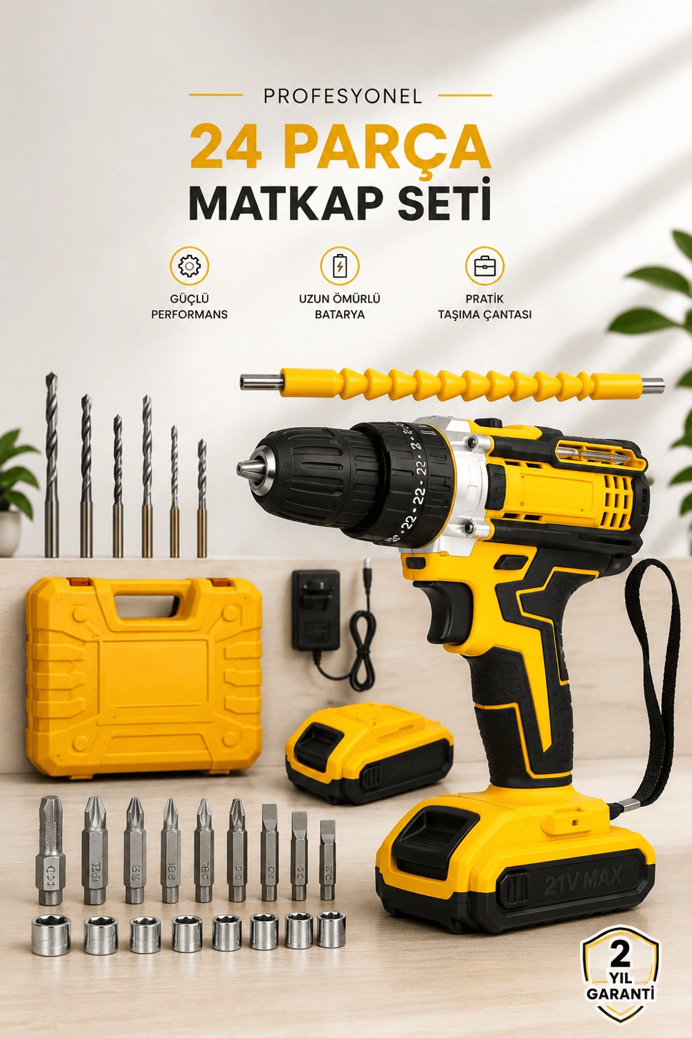 24 Parça Çift Bataryalı Şarjlı Matkap Seti 24W Motor ve Otomatik Mil Kilitli Tasarım