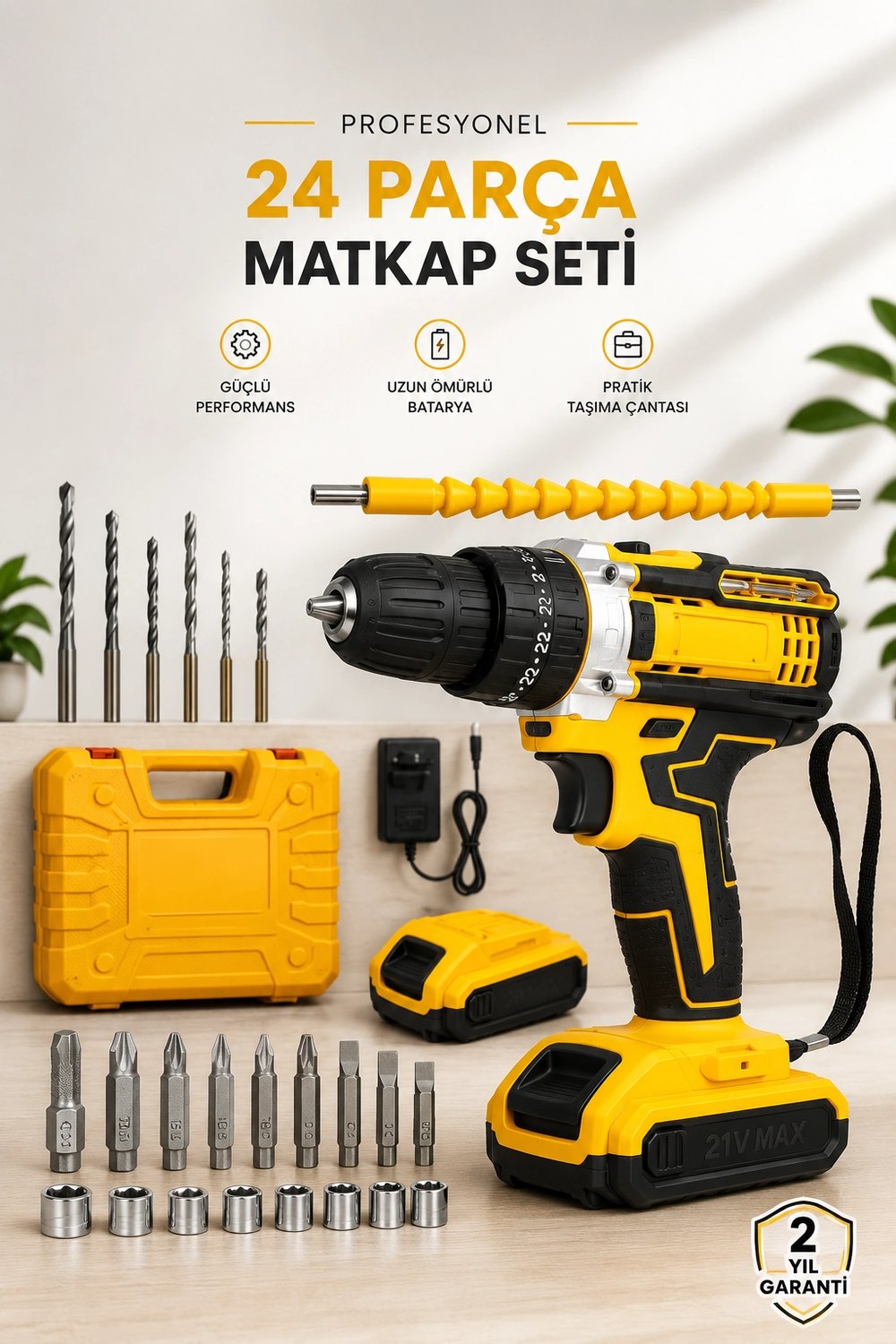 24 Parça Çift Bataryalı Şarjlı Matkap Seti 24W Motor ve Otomatik Mil Kilitli Tasarım