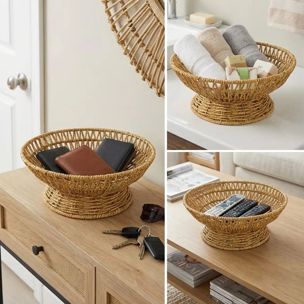 25 Cm Plastik Rattan Servis Çanağı – Doğal Hasır Görünümlü Dekoratif Meyve, Ekmek Ve Sunum Kasesi Bx40
