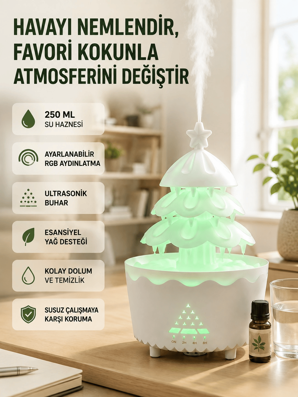 250 ML Şans Ağacı Hava Nemlendirici Çok Renkli Işıklı Aroma Cihazı