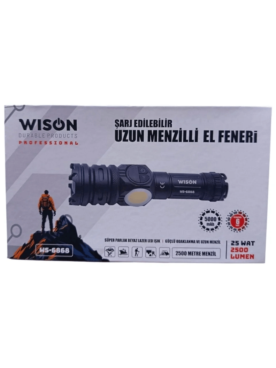 2500 Lümen 25 Wat 5000 Mah Pil Şarj Edilebilir Uzun Menzilli El Feneri Ws-6868 Bx40