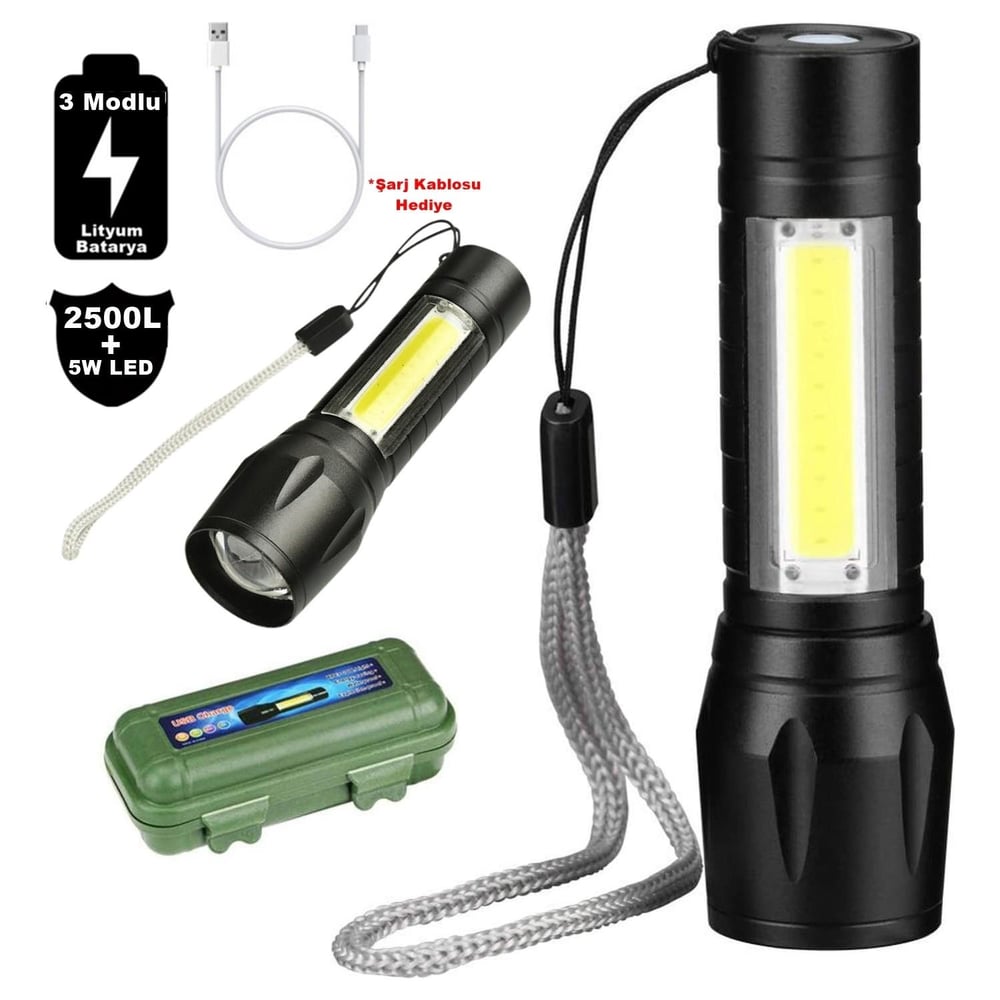 2500 Lumens + 5W COB LED USB Lion Şarjlı Ultra Güçlü Q5 XPE Su Geçirmez Şarjlı El Feneri (3936)
