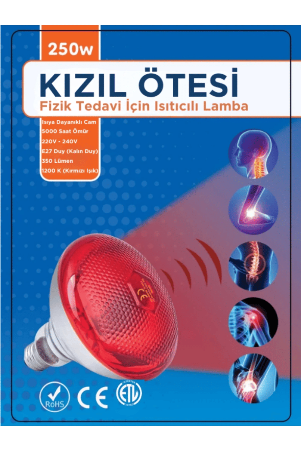 250W Kızılötesi (infrared) Isıtıcılı Fizik Tedavi Lambası (Kırmızı Işık) E27 (Kalın Duy)