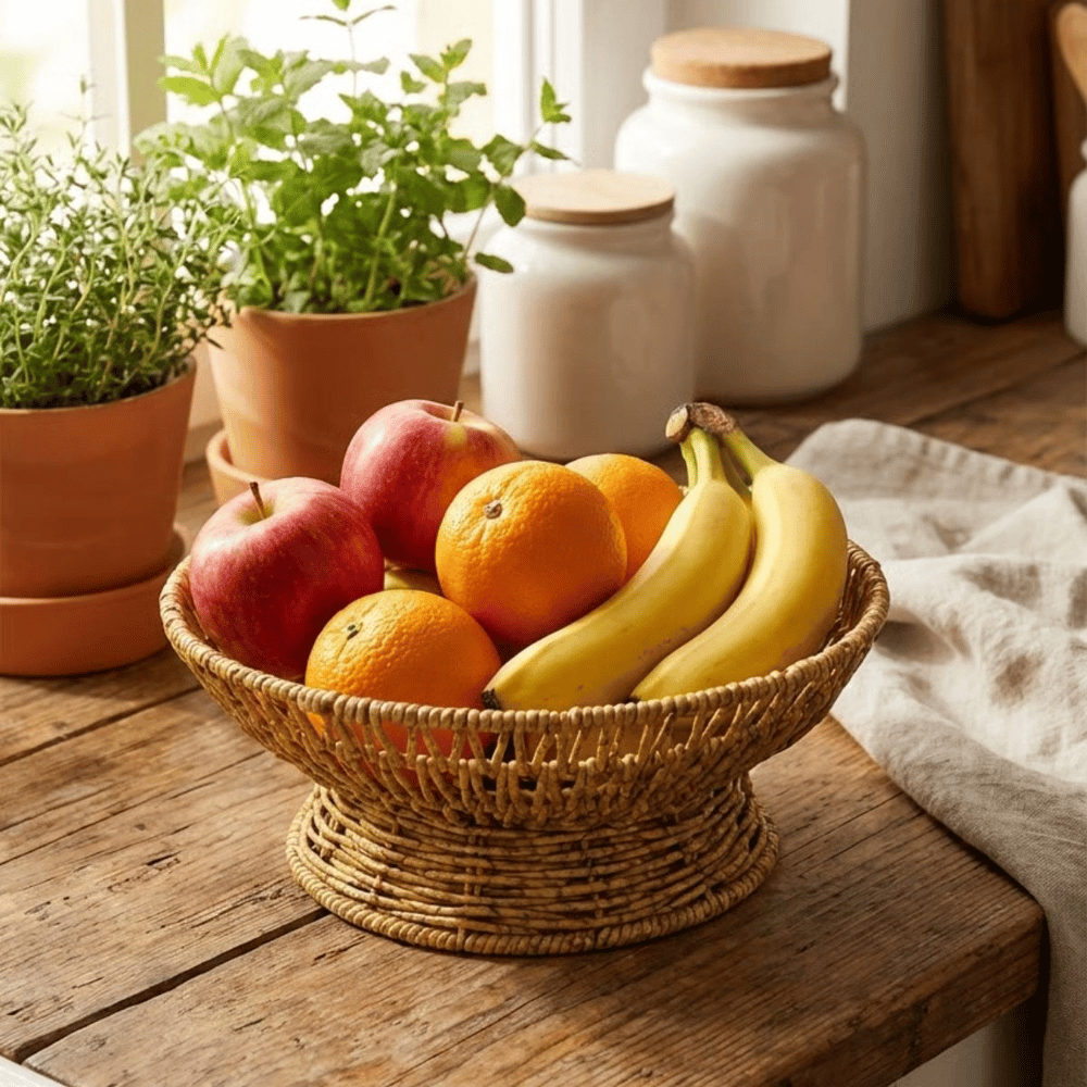 28 Cm Plastik Rattan Servis Çanağı – Doğal Hasır Görünümlü Dekoratif Meyve, Ekmek Ve Sunum Kasesi Bx40
