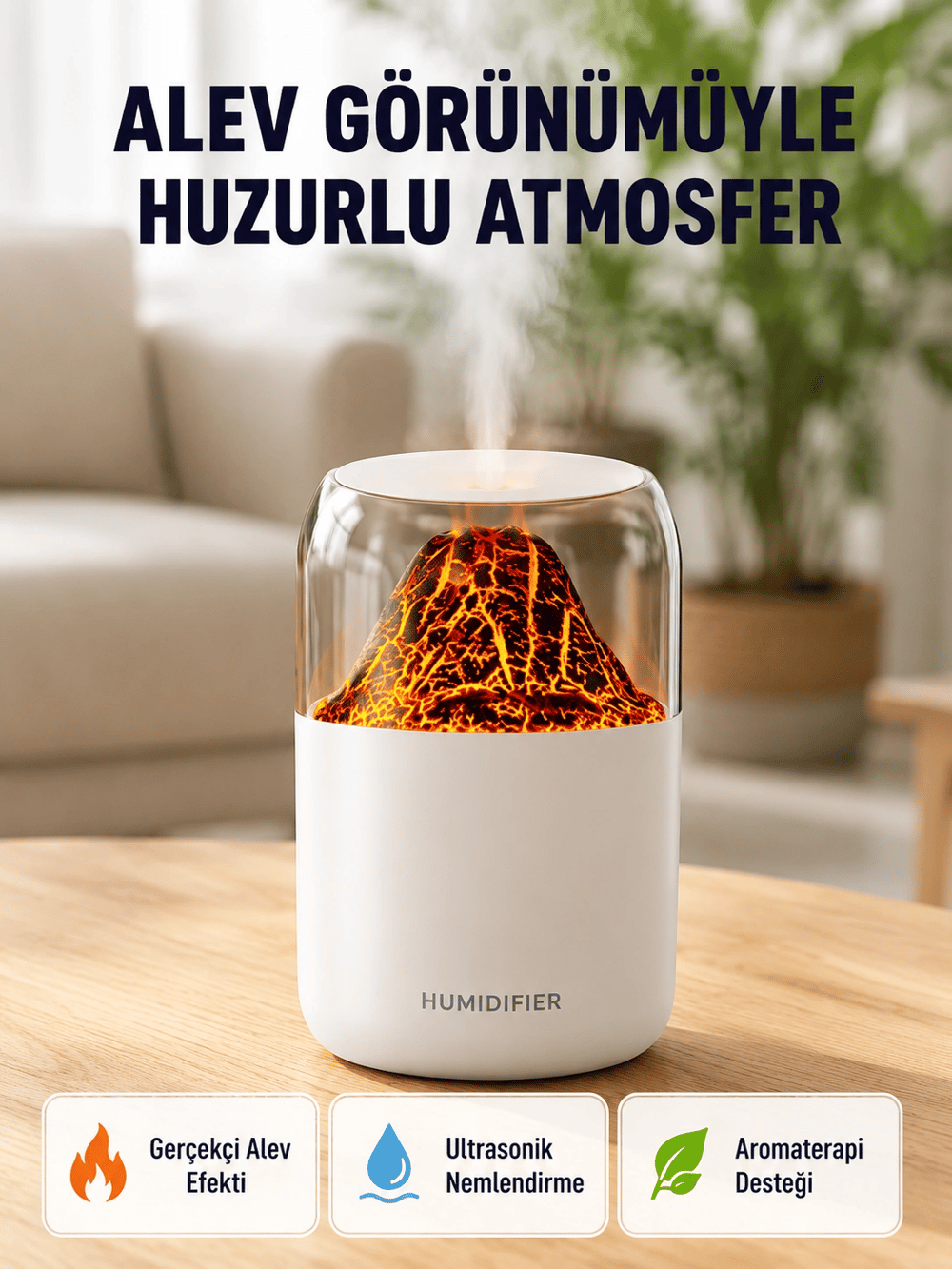 280ml Alev Işıklı Ultrasonik Hava Nemlendirici Sessiz ve USB Şarjlı