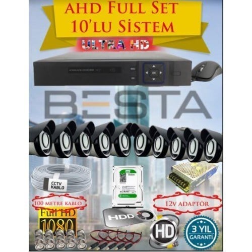 2Mp Ahd 1080P Gece Görüşlü 10 Kameralı Güvenlik Sistemi - 500GB HDD