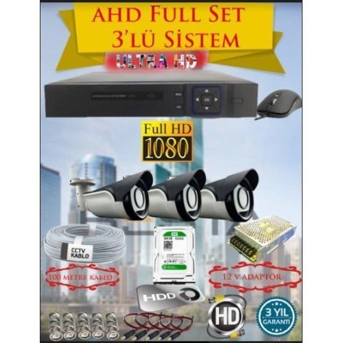 2Mp Ahd 1080P Gece Görüşlü 3 Kameralı Güvenlik Sistemi ( 500GB HDD )