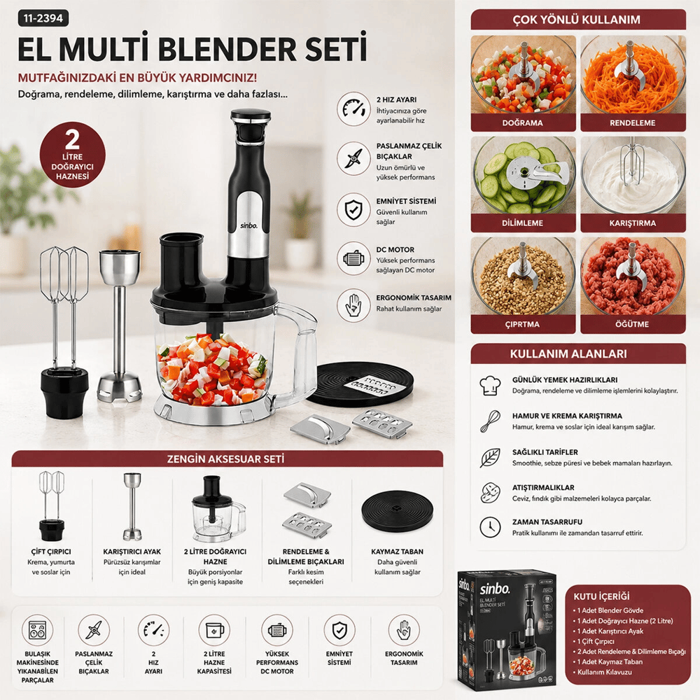 2hız Ayar - Paslanmaz Çelik Bıçak El Multi Blender Seti 2 Lt Hazneli Shb-7534 Bx40