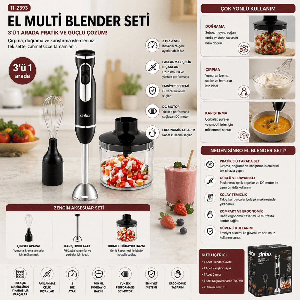 2hız Ayar - Paslanmaz Çelik Bıçak El Multi Blender Seti 700ml Hazneli Shb-7529 Bx40