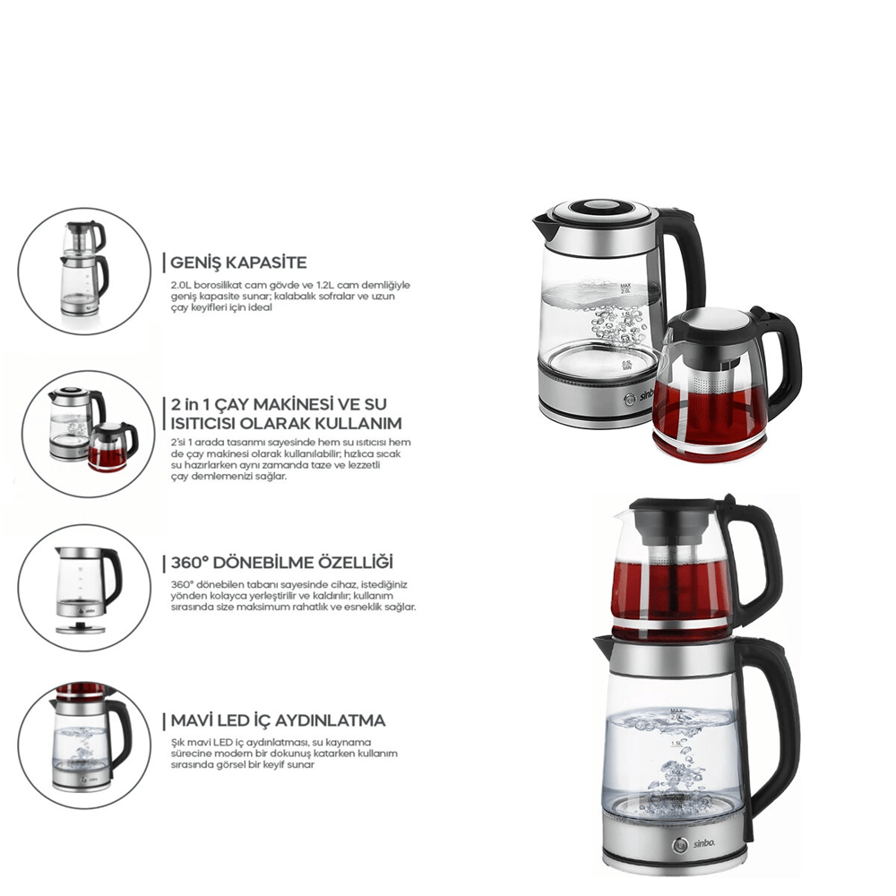 2in1= Çaycı - Kettle Çelik Elektrikli Çay Makinesi 2lt + 1,2lt Çay Süzgeçli 360° Dönebilir Stm-5990 Bx40