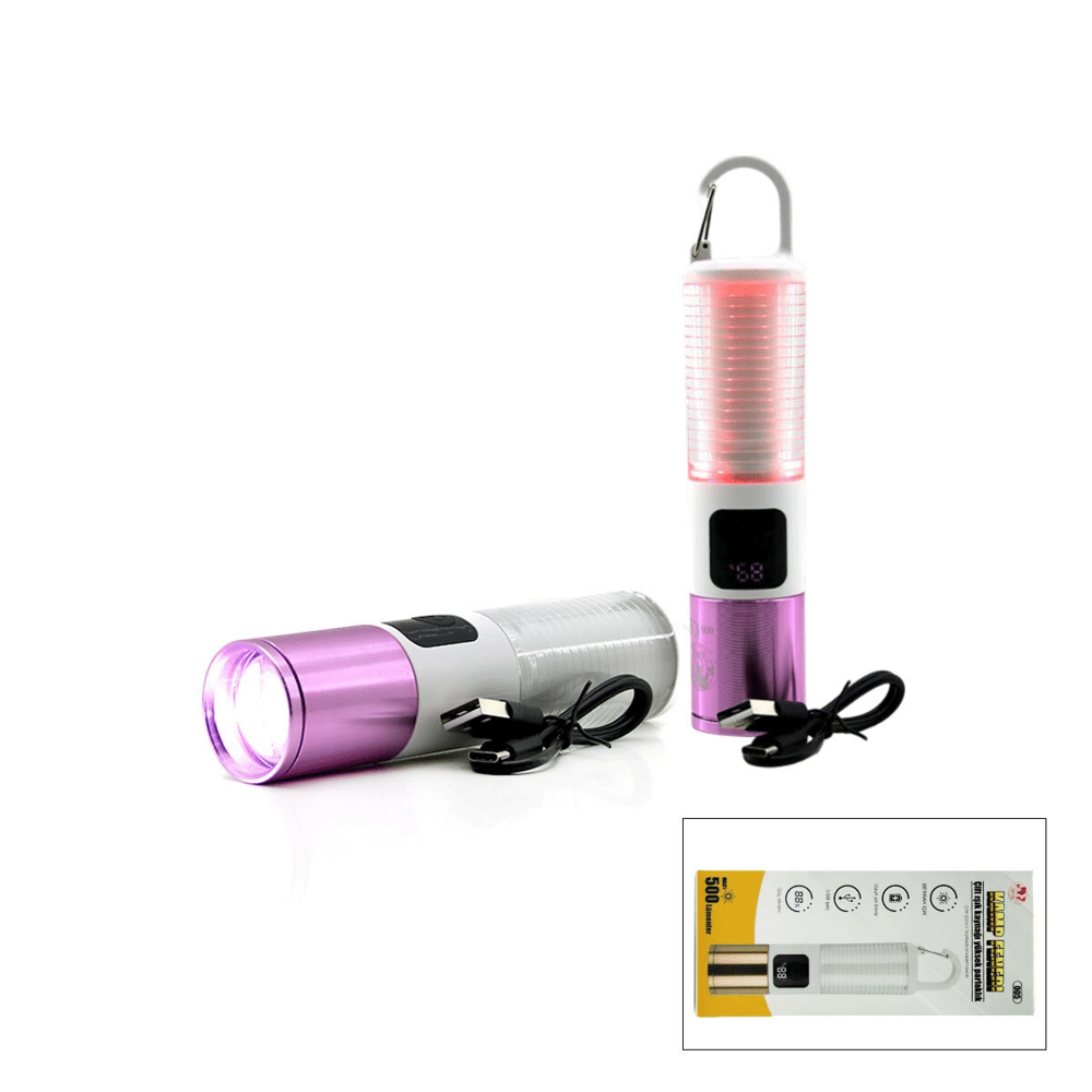 2in1 Kamp - Çok Amaçlı El Feneri Usb Şarjlı Zoom 6 Fonksiyon Işık=doğal - Renkli Askı Mandalı Şarj Göstergesi 005 Bx40